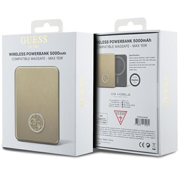 Ārējais akumulators Guess Guess MagSafe 4G Strassed Metal Logo induction power bank 15W 5000mAh - gold