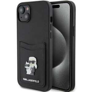 Nugarėlės dėklai Karl Lagerfeld  Karl Lagerfeld Saffiano Cardslot Karl&Choupette Metal Pin case for iPhone 15 - black 
