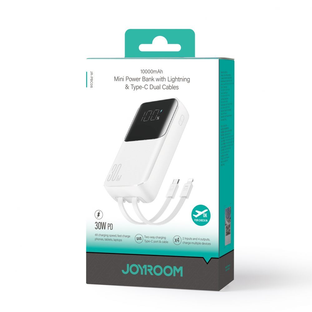 Väline aku Joyroom Mini power bank with built-in cables Joyroom JR-PBC06 30W 10000mAh - white