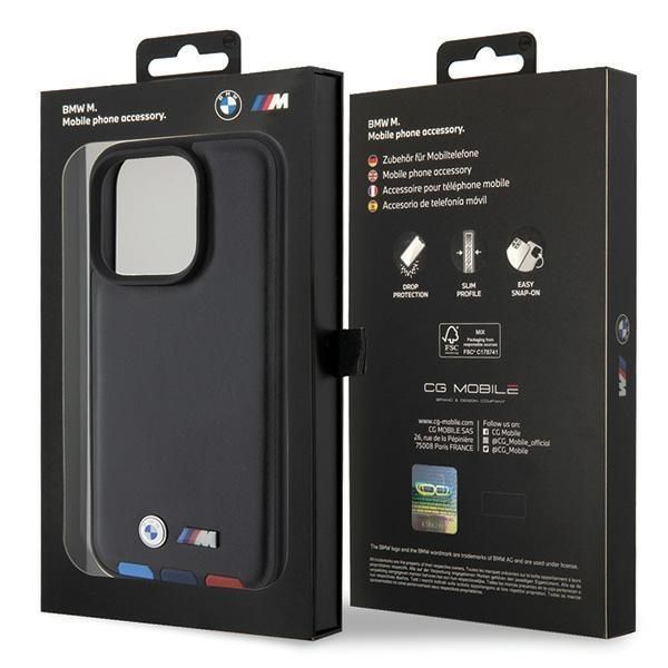 Aizmugurējais vāciņš BMW BMW BMHCP15L22PTDK iPhone 15 Pro 6.1" black/black Leather Stamp Tricolor