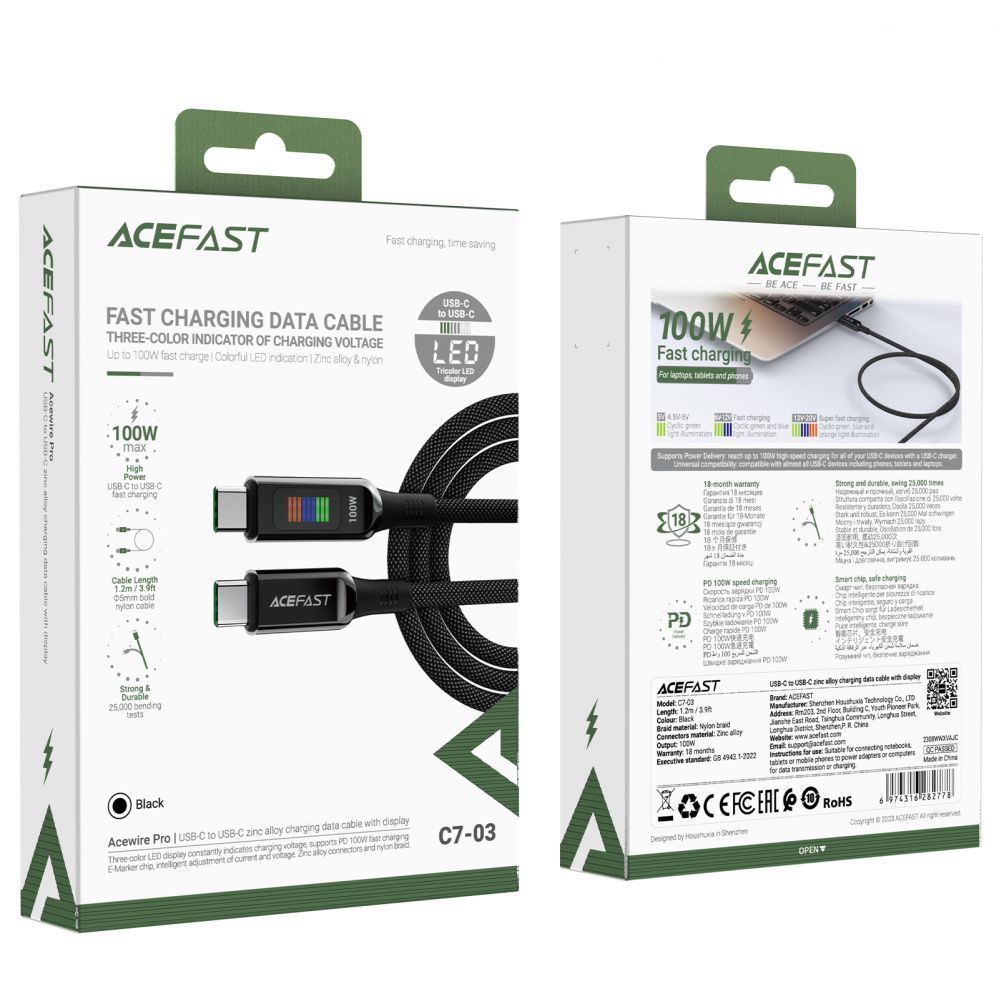 Cable Acefast Acefast C7-03 USB-C USB-C 100W 1.2m cable with display - black