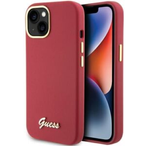 Nugarėlės dėklai Guess  Guess Silicone Script Metal Logo & Frame case for iPhone 15 - red