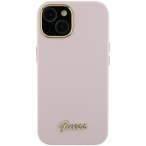 Nugarėlės dėklai Guess Guess Silicone Script Metal Logo & Frame case for iPhone 15 Pro Max - pink