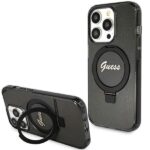 Back panel cover Guess  Guess Ring Stand Script Glitter MagSafe case for iPhone 15 Pro - black 