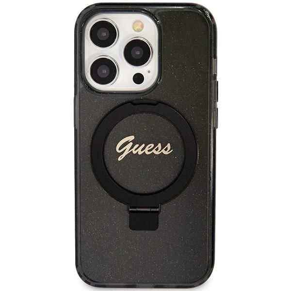 Nugarėlės dėklai Guess Guess Ring Stand Script Glitter MagSafe case for iPhone 15 Pro - black