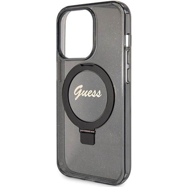 Nugarėlės dėklai Guess Guess Ring Stand Script Glitter MagSafe case for iPhone 15 Pro - black
