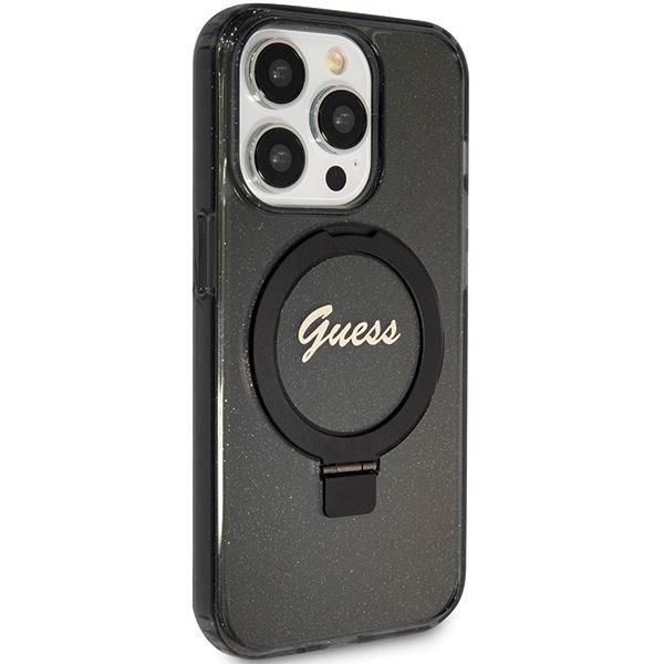 Nugarėlės dėklai Guess Guess Ring Stand Script Glitter MagSafe case for iPhone 15 Pro - black