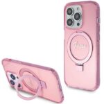 Aizmugurējais vāciņš Guess  Guess Ring Stand Script Glitter MagSafe case for iPhone 15 Pro - pink