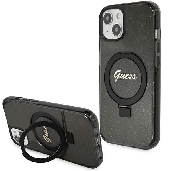 Nugarėlės dėklai Guess Guess Ring Stand Script Glitter MagSafe Case for iPhone 15 Plus / 14 Plus - Black