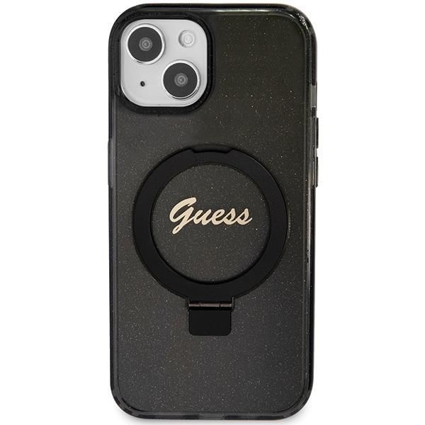 Nugarėlės dėklai Guess Guess Ring Stand Script Glitter MagSafe Case for iPhone 15 Plus / 14 Plus - Black