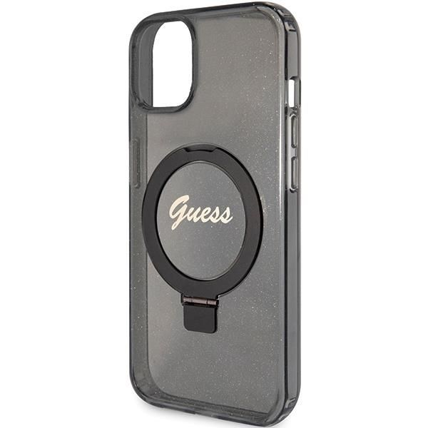 Nugarėlės dėklai Guess Guess Ring Stand Script Glitter MagSafe Case for iPhone 15 Plus / 14 Plus - Black