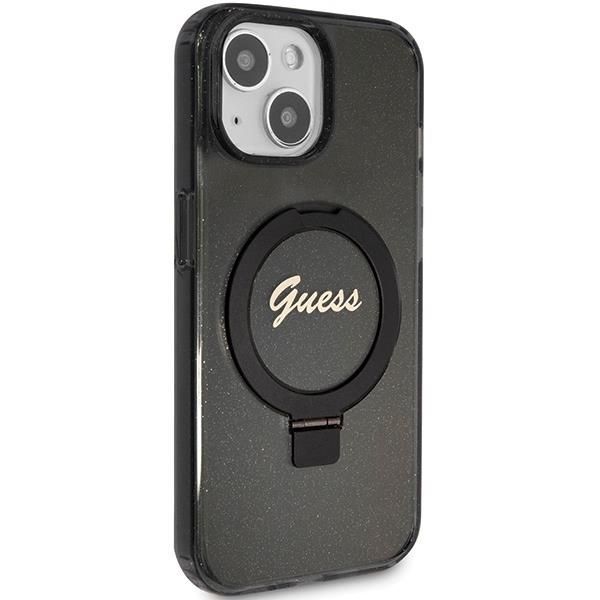 Nugarėlės dėklai Guess Guess Ring Stand Script Glitter MagSafe Case for iPhone 15 Plus / 14 Plus - Black
