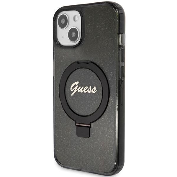 Nugarėlės dėklai Guess Guess Ring Stand Script Glitter MagSafe Case for iPhone 15 Plus / 14 Plus - Black