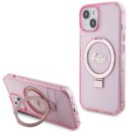 Nugarėlės dėklai Guess  Guess Ring Stand Script Glitter MagSafe case for iPhone 15 Plus / 14 Plus - pink 