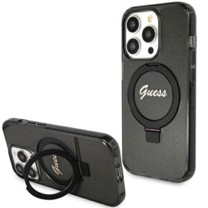 Nugarėlės dėklai Guess  Guess Ring Stand Script Glitter MagSafe case for iPhone 15 Pro Max - black 