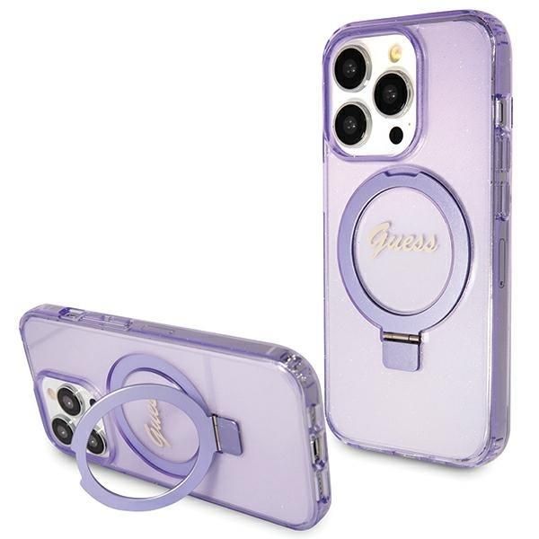 Nugarėlės dėklai Guess Guess Ring Stand Script Glitter MagSafe case for iPhone 15 Pro Max - purple