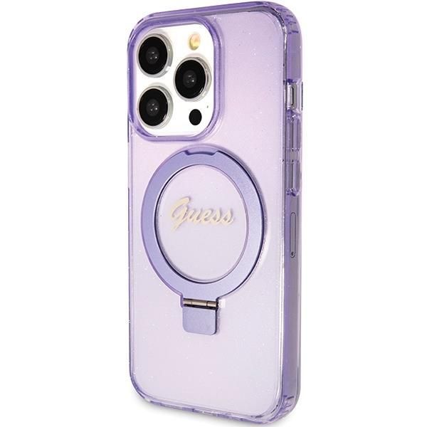 Nugarėlės dėklai Guess Guess Ring Stand Script Glitter MagSafe case for iPhone 15 Pro Max - purple