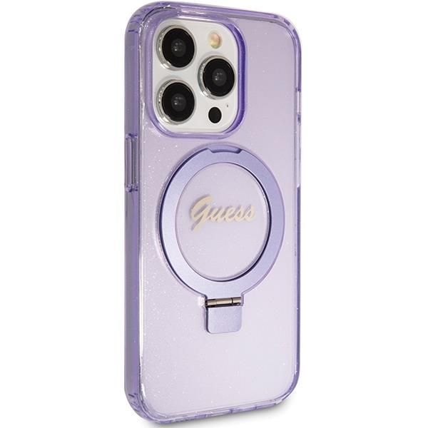 Nugarėlės dėklai Guess Guess Ring Stand Script Glitter MagSafe case for iPhone 15 Pro Max - purple