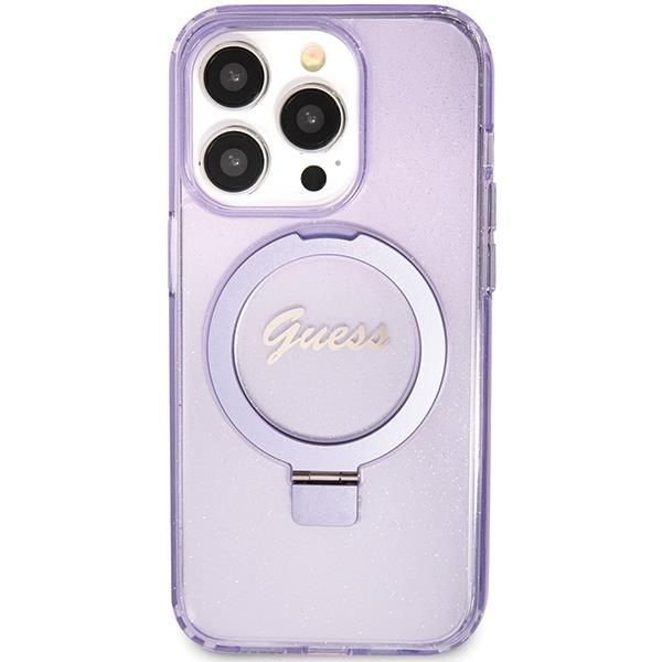 Nugarėlės dėklai Guess Guess Ring Stand Script Glitter MagSafe case for iPhone 15 Pro Max - purple