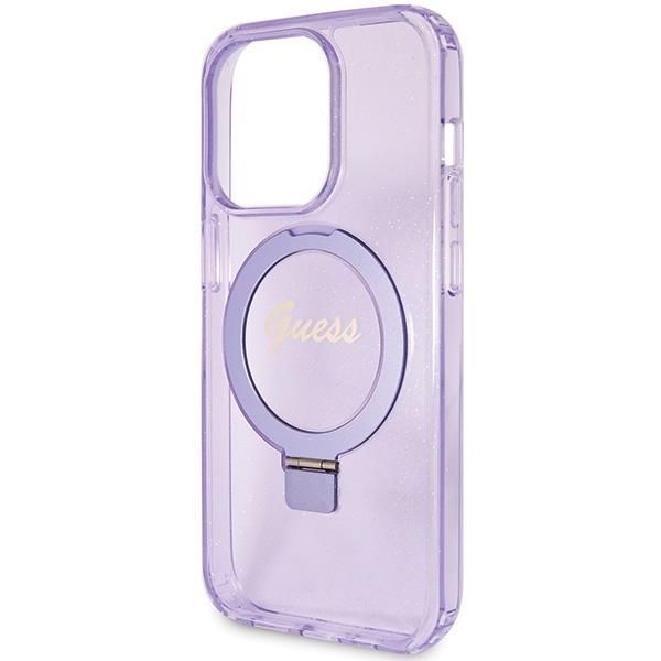 Nugarėlės dėklai Guess Guess Ring Stand Script Glitter MagSafe case for iPhone 15 Pro Max - purple