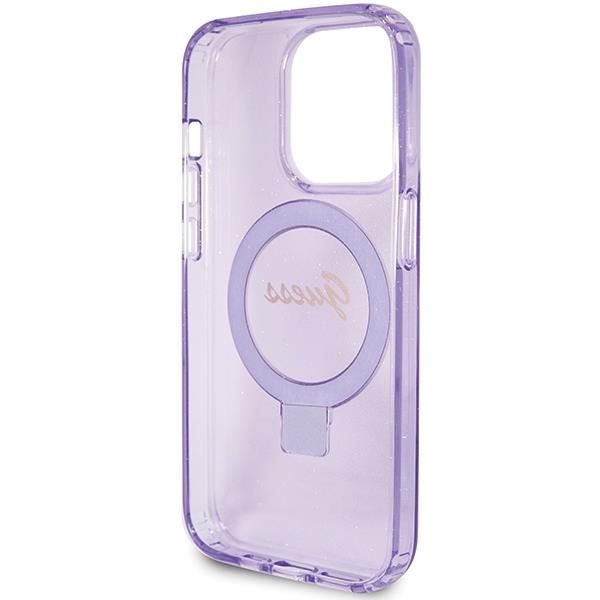 Nugarėlės dėklai Guess Guess Ring Stand Script Glitter MagSafe case for iPhone 15 Pro Max - purple