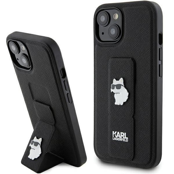 Aizmugurējais vāciņš Karl Lagerfeld Karl Lagerfeld Gripstand Saffiano Choupette Pins Case for iPhone 15 Plus / 14 Plus - Black