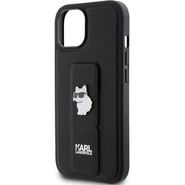 Aizmugurējais vāciņš Karl Lagerfeld Karl Lagerfeld Gripstand Saffiano Choupette Pins Case for iPhone 15 Plus / 14 Plus - Black
