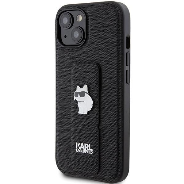 Aizmugurējais vāciņš Karl Lagerfeld Karl Lagerfeld Gripstand Saffiano Choupette Pins Case for iPhone 15 Plus / 14 Plus - Black