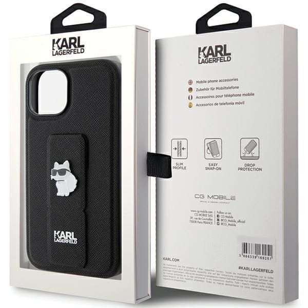 Aizmugurējais vāciņš Karl Lagerfeld Karl Lagerfeld Gripstand Saffiano Choupette Pins Case for iPhone 15 Plus / 14 Plus - Black