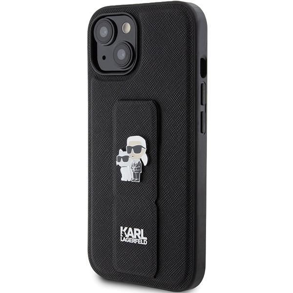 Aizmugurējais vāciņš Karl Lagerfeld Karl Lagerfeld Gripstand Saffiano Karl&Choupette Pins case for iPhone 15 Plus / 14 Plus - black