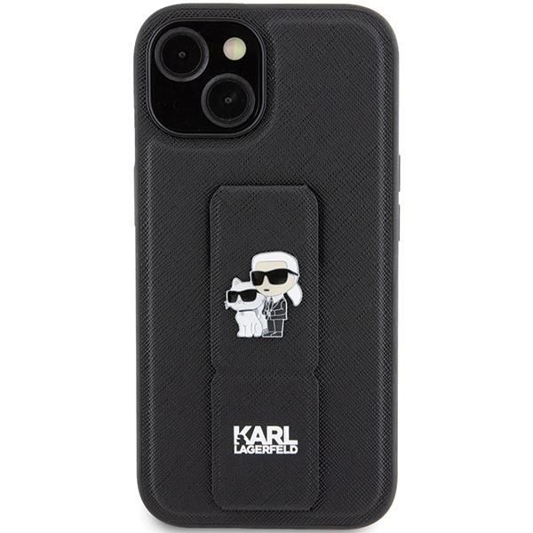 Aizmugurējais vāciņš Karl Lagerfeld Karl Lagerfeld Gripstand Saffiano Karl&Choupette Pins case for iPhone 15 - black