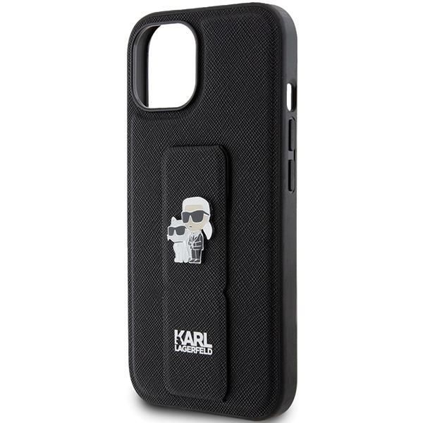 Aizmugurējais vāciņš Karl Lagerfeld Karl Lagerfeld Gripstand Saffiano Karl&Choupette Pins case for iPhone 15 - black