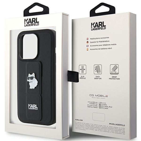 Aizmugurējais vāciņš Karl Lagerfeld Karl Lagerfeld Gripstand Saffiano Choupette Pins case for iPhone 15 Pro Max - black