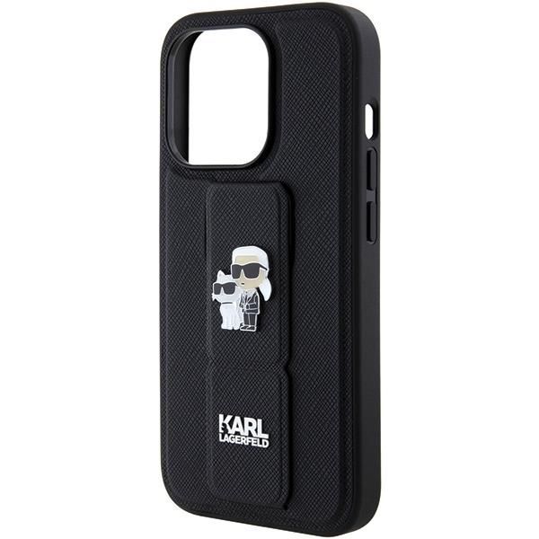 Aizmugurējais vāciņš Karl Lagerfeld Karl Lagerfeld Gripstand Saffiano Karl&Choupette Pins case for iPhone 15 Pro Max - black