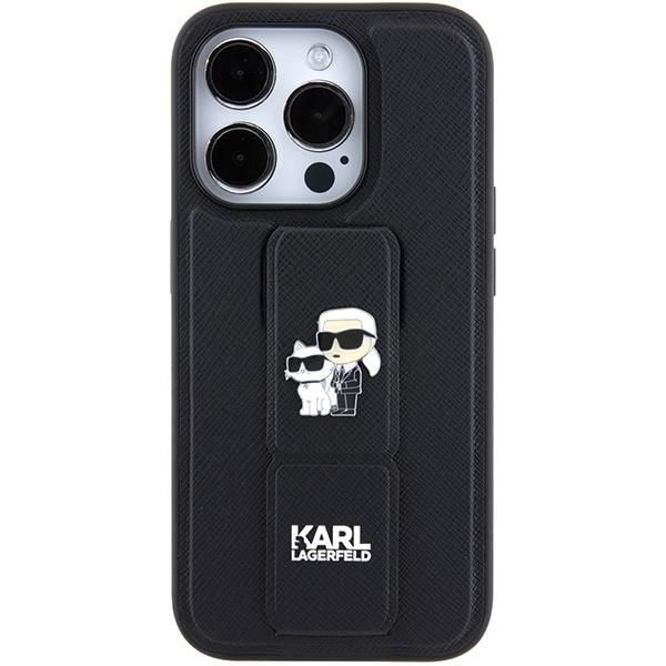 Aizmugurējais vāciņš Karl Lagerfeld Karl Lagerfeld Gripstand Saffiano Karl&Choupette Pins case for iPhone 15 Pro Max - black