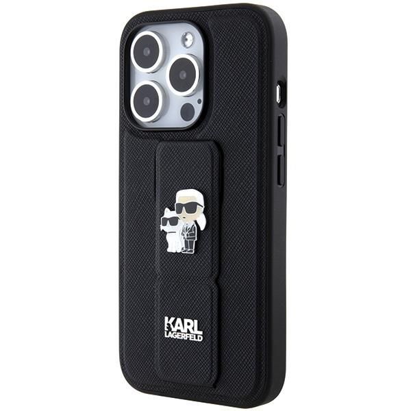 Aizmugurējais vāciņš Karl Lagerfeld Karl Lagerfeld Gripstand Saffiano Karl&Choupette Pins case for iPhone 15 Pro Max - black