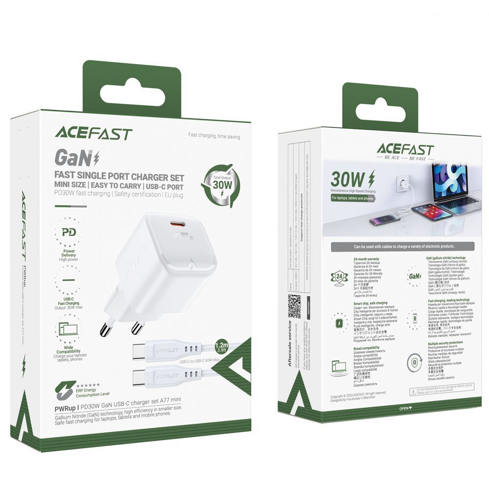 Adaptrid Acefast Acefast A77 Mini PD 30W GaN wall charger + USB-C cable - white