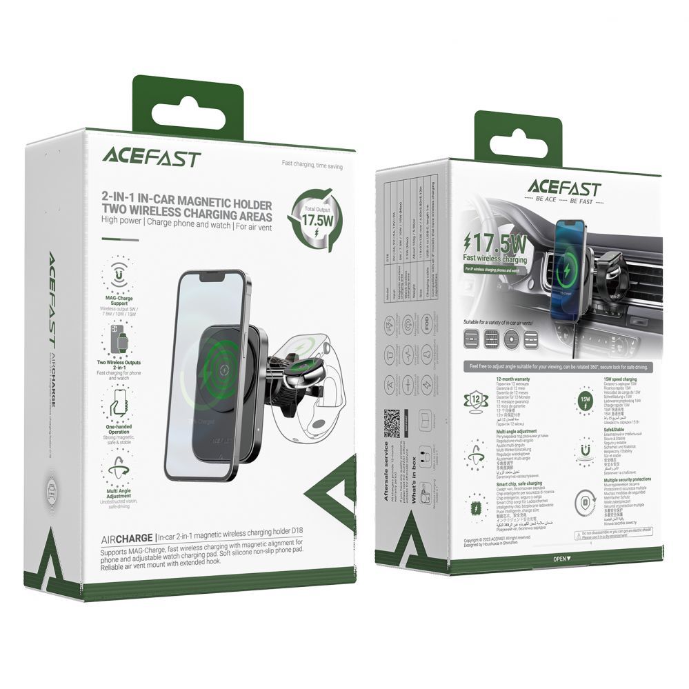 Adapteris Acefast Acefast D18 car holder with MagSafe / Qi inductive charger + USB-A USB-C cable - black