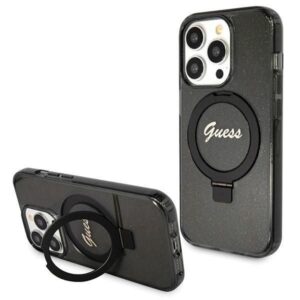 Nugarėlės dėklai Guess  Guess Ring Stand Script Glitter MagSafe case for iPhone 13 Pro Max - black 