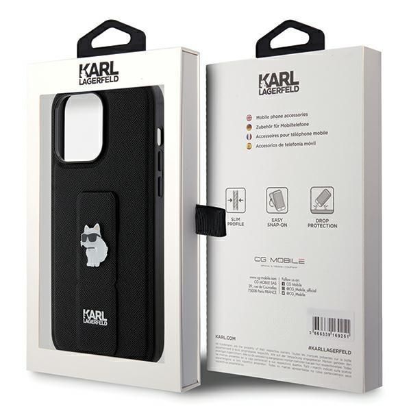 Aizmugurējais vāciņš Karl Lagerfeld Karl Lagerfeld Gripstand Saffiano Choupette Pins Case for iPhone 13 Pro / 13 - Black