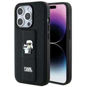 Aizmugurējais vāciņš Karl Lagerfeld  Karl Lagerfeld Gripstand Saffiano Karl&Choupette Pins case for iPhone 14 Pro - black 
