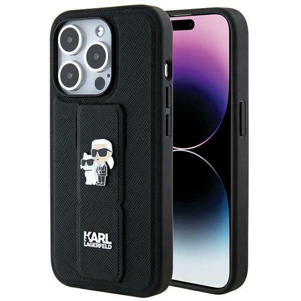 Aizmugurējais vāciņš Karl Lagerfeld Karl Lagerfeld Gripstand Saffiano Karl&Choupette Pins case for iPhone 14 Pro - black