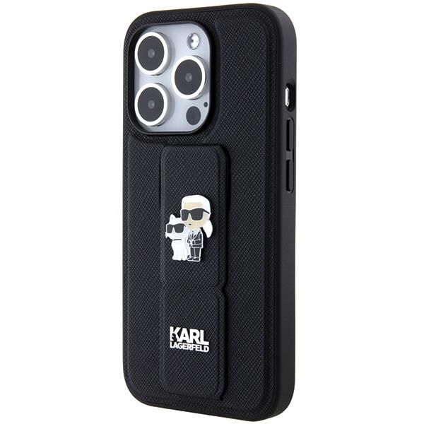Aizmugurējais vāciņš Karl Lagerfeld Karl Lagerfeld Gripstand Saffiano Karl&Choupette Pins case for iPhone 14 Pro - black