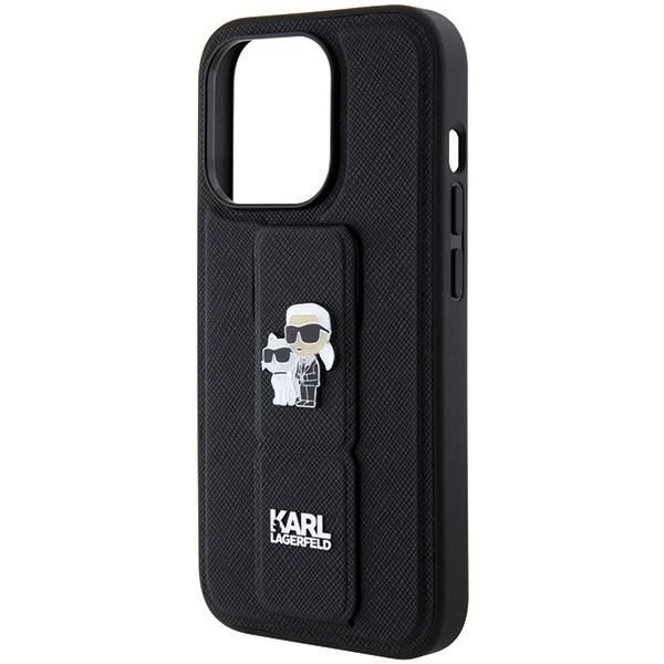 Aizmugurējais vāciņš Karl Lagerfeld Karl Lagerfeld Gripstand Saffiano Karl&Choupette Pins case for iPhone 14 Pro - black