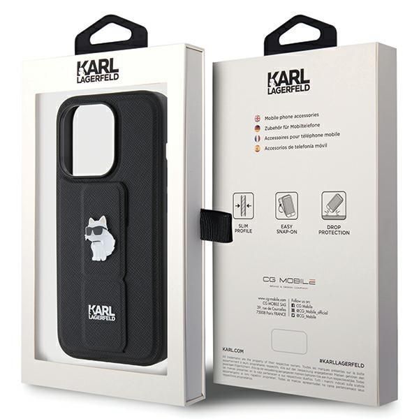 Aizmugurējais vāciņš Karl Lagerfeld Karl Lagerfeld Gripstand Saffiano Choupette Pins case for iPhone 14 Pro Max - black