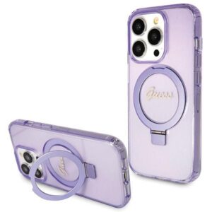 Nugarėlės dėklai Guess  Guess Ring Stand Script Glitter MagSafe case for iPhone 13 Pro / 13 - purple 