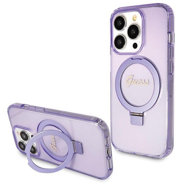 Nugarėlės dėklai Guess Guess Ring Stand Script Glitter MagSafe case for iPhone 14 Pro - purple