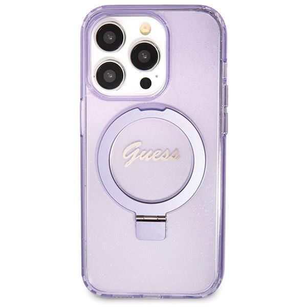 Nugarėlės dėklai Guess Guess Ring Stand Script Glitter MagSafe case for iPhone 14 Pro - purple