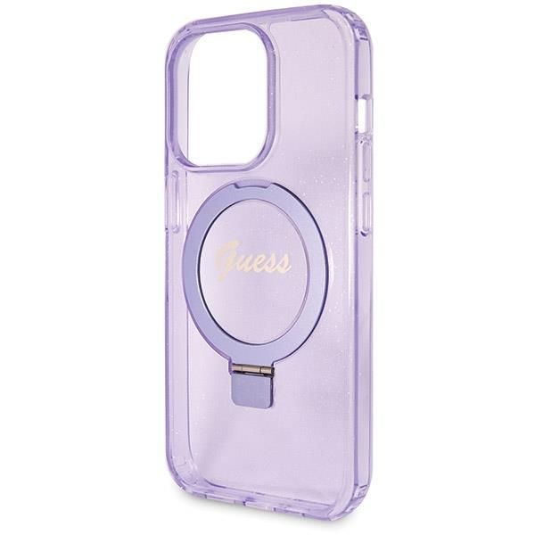 Nugarėlės dėklai Guess Guess Ring Stand Script Glitter MagSafe case for iPhone 14 Pro - purple