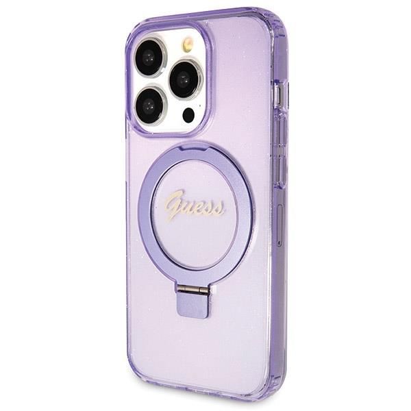 Nugarėlės dėklai Guess Guess Ring Stand Script Glitter MagSafe case for iPhone 14 Pro - purple
